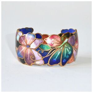 David Kuo Vintage Signed Multicolor Floral Enamel Cuff Bracelet